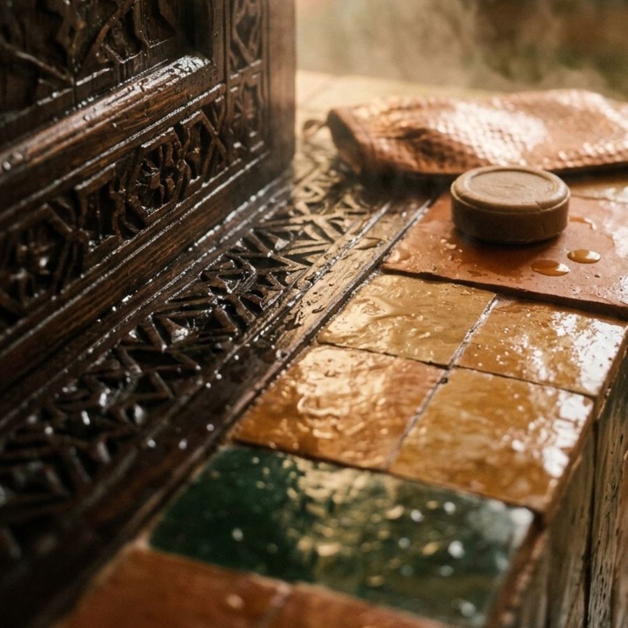 قفاز تقشير على زليج مبلل، حمّام مغربي
